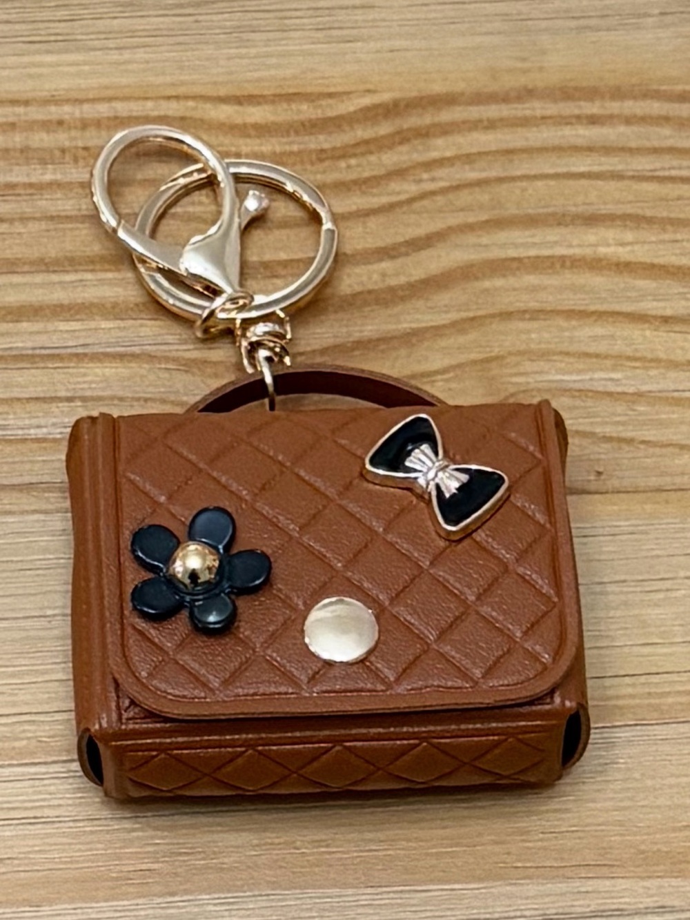 Brown Quilted Purse Keychain with Black Flower & Bow